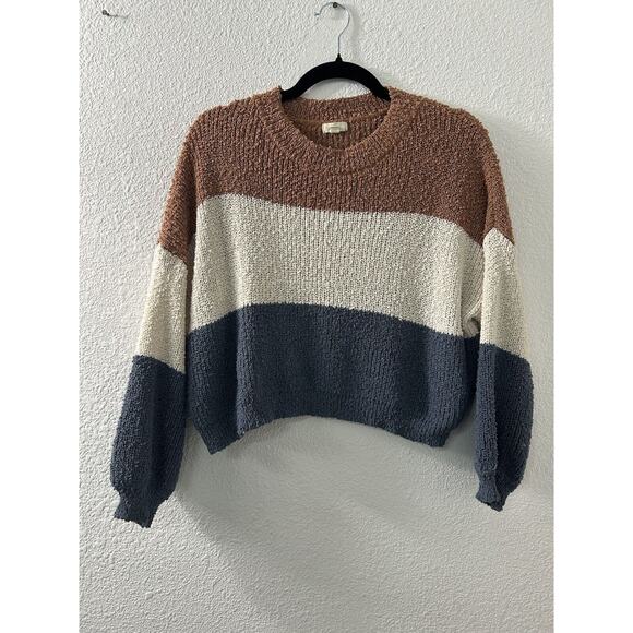 Dreamers By Debut Sweaters - Colorblock Crew Neck Sweater - Brown, Cream, and Gray